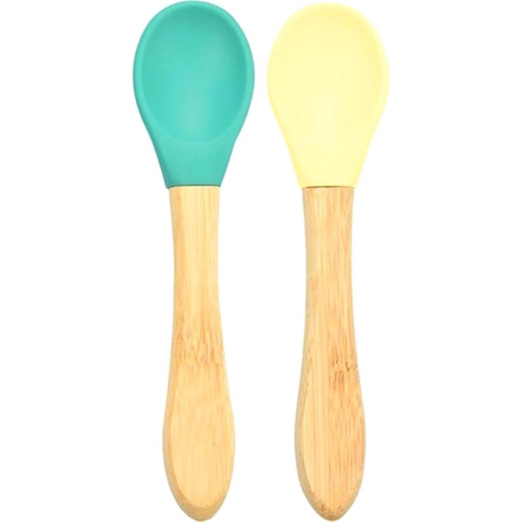 Nessiworld Bamboo Handle Silicone Feeding Spoon 2 Piece Green Yellow