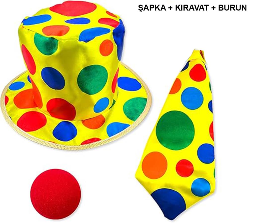 Nessiworld Colorful Clown Costume Set – 3 Piece Accessories (Hat, Tie, Nose)