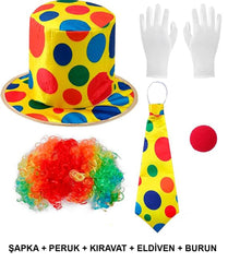 Nessiworld Colorful Clown Costume Set – 5 Piece Accessories (Hat, Wig, Tie, Gloves, Nose)