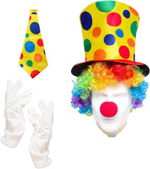 Nessiworld Colorful Clown Costume Set – 5 Piece Accessories (Hat, Wig, Tie, Gloves, Nose)