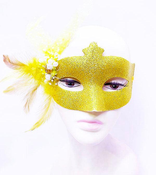 Masque boule NessiWorld brodé de paillettes et de perles, plumes détaillées, couleur or 13 x 18 cm