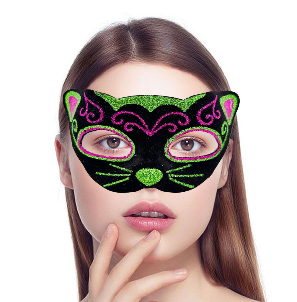 Nessiworld Black Velvet Coated Pink Green Glitter Embroidered Cat Mask 20x13 cm