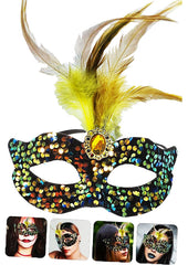 Nessiworld Black Velvet Colorful Sequined Sequined Yellow Feather Yellow Stone Party Mask 19x21 cm