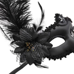 Masque vénitien Nessiworld noir mat avec plumes latérales et roses pour fête, bal de promo, 40 x 56 cm