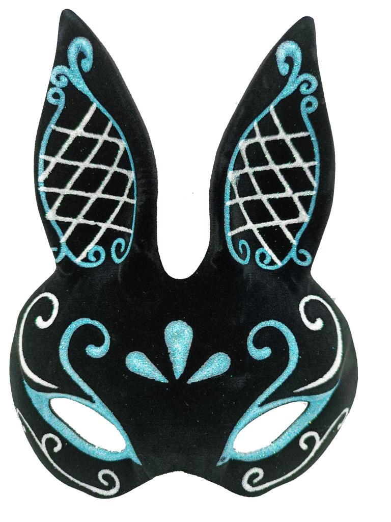 NessiWorld Black Color Blue White Glitter Black Suede Coating Rabbit Mask 18x16 cm