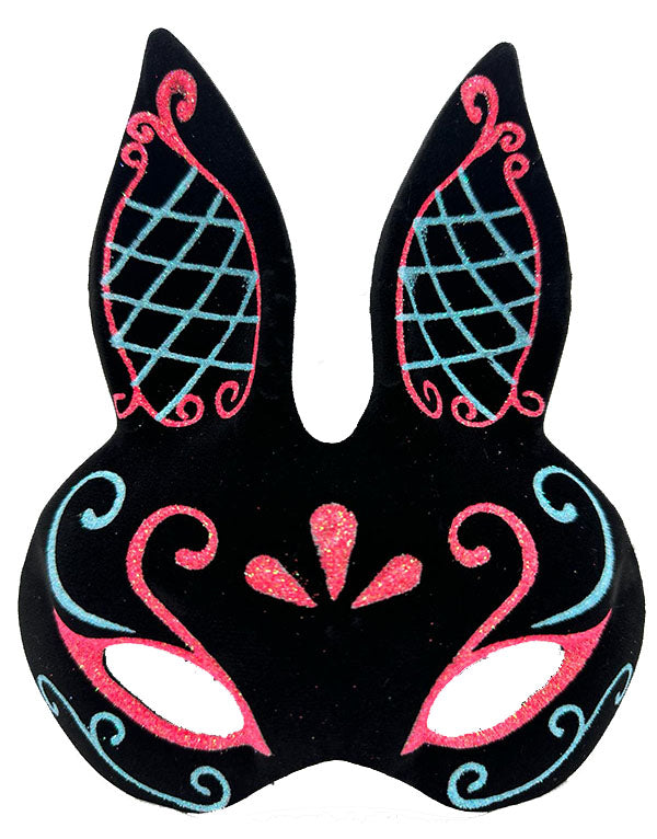 NessiWorld Black Color Blue Red Glitter Black Suede Coating Rabbit Mask 18x16 cm