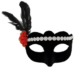 Siyah Renk Süet Kaplama Gümüş Dantelli Kırmızı Gül Tasarımlı Parti Maskesi 18x20 cm
