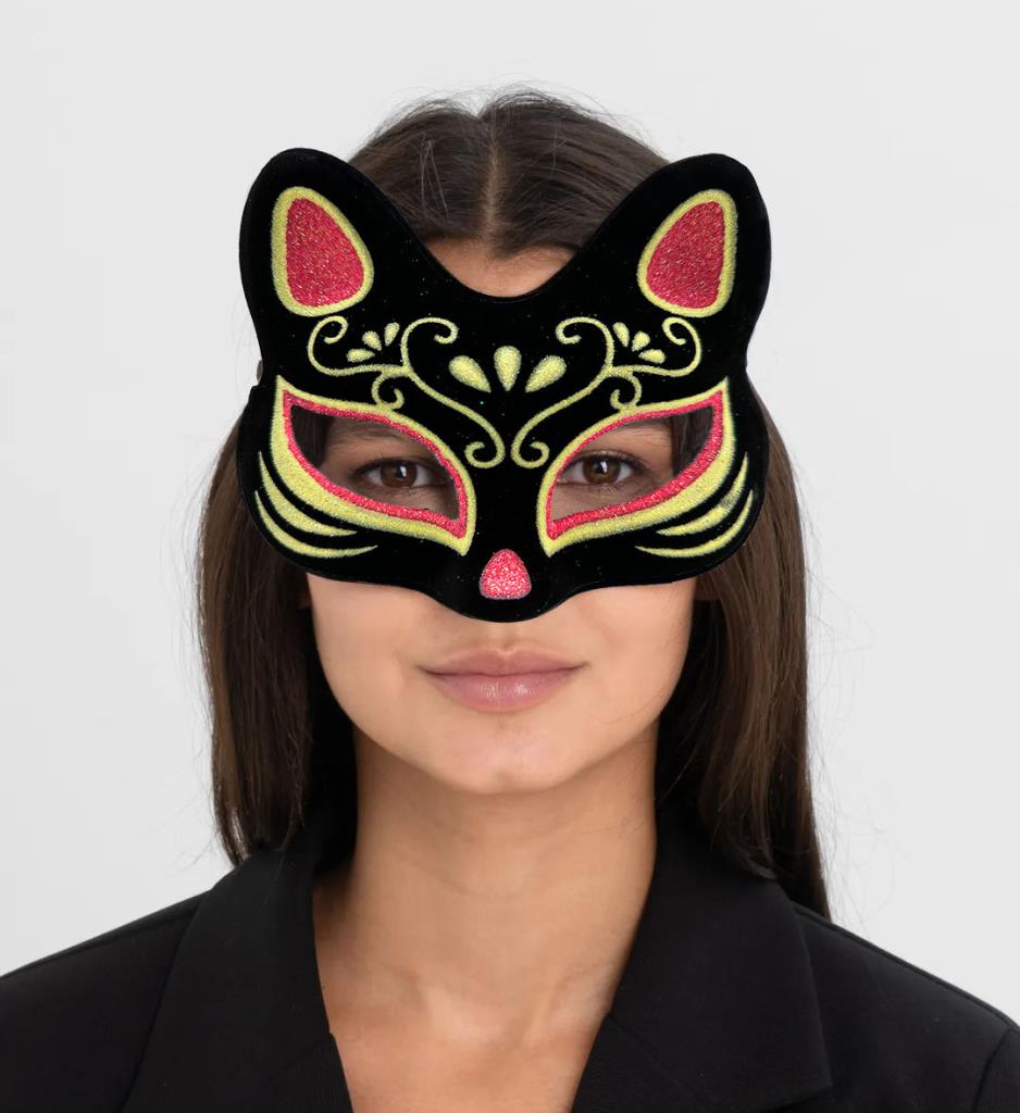 NessiWorld Black Color Suede Coating with Red Yellow Glitter Cat Mask 17x14 cm