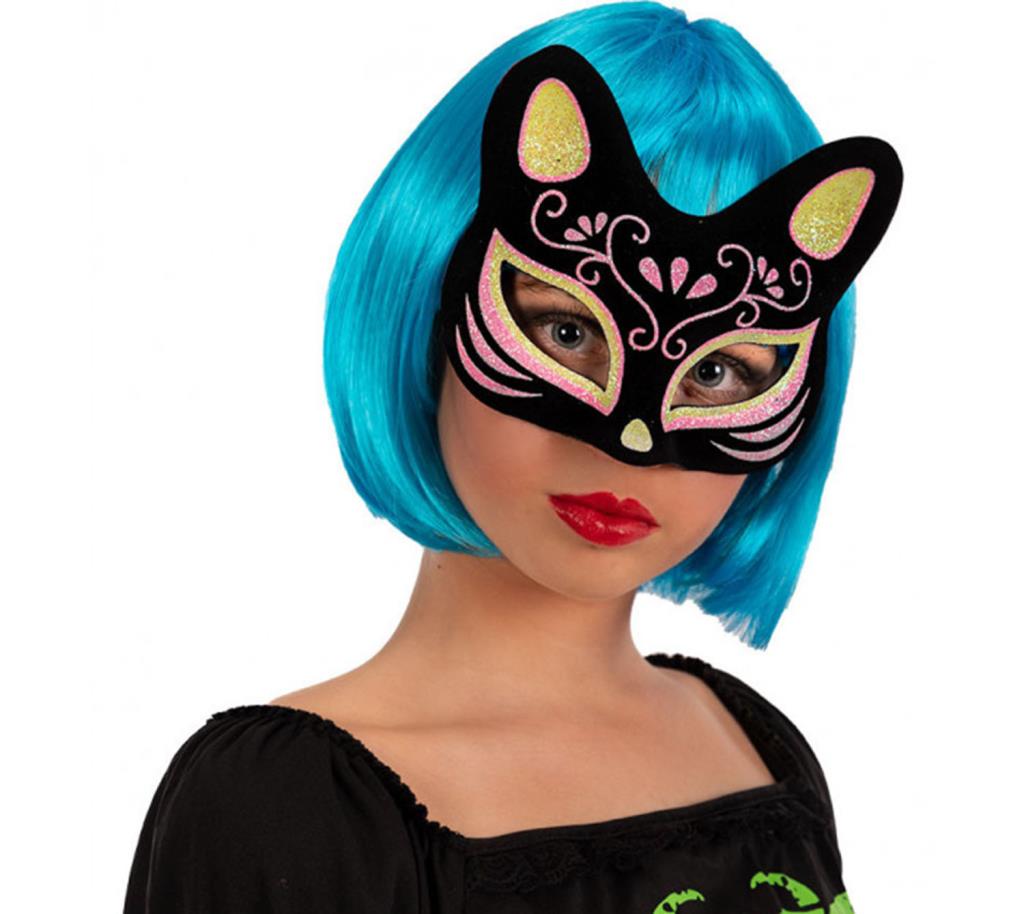 Nessiworld Black Color Suede Coating with Yellow Pink Glitter Cat Mask 17x14 cm