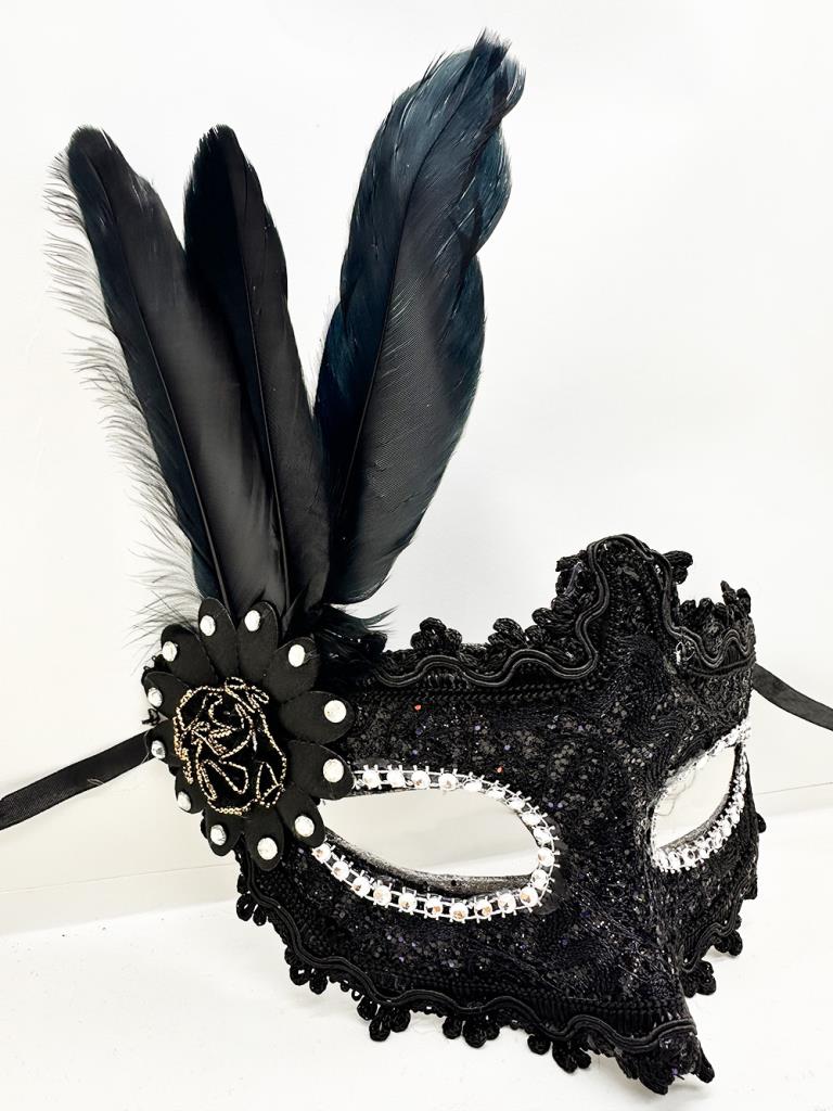 Masque de bal de promo Nessiworld avec plumes noires et dentelles