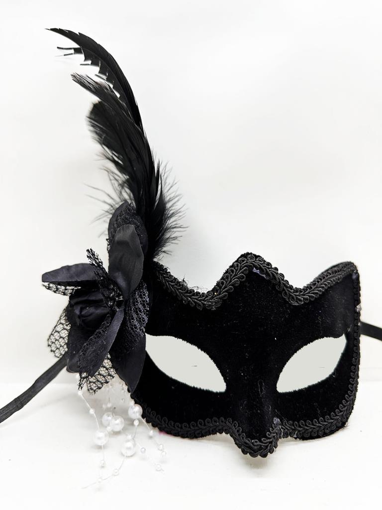 Black Color Side Feather White Pearl Suede Coating A Quality Luxury Party Mask 20x23 cm