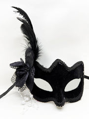 Black Color Side Feather White Pearl Suede Coating A Quality Luxury Party Mask 20x23 cm