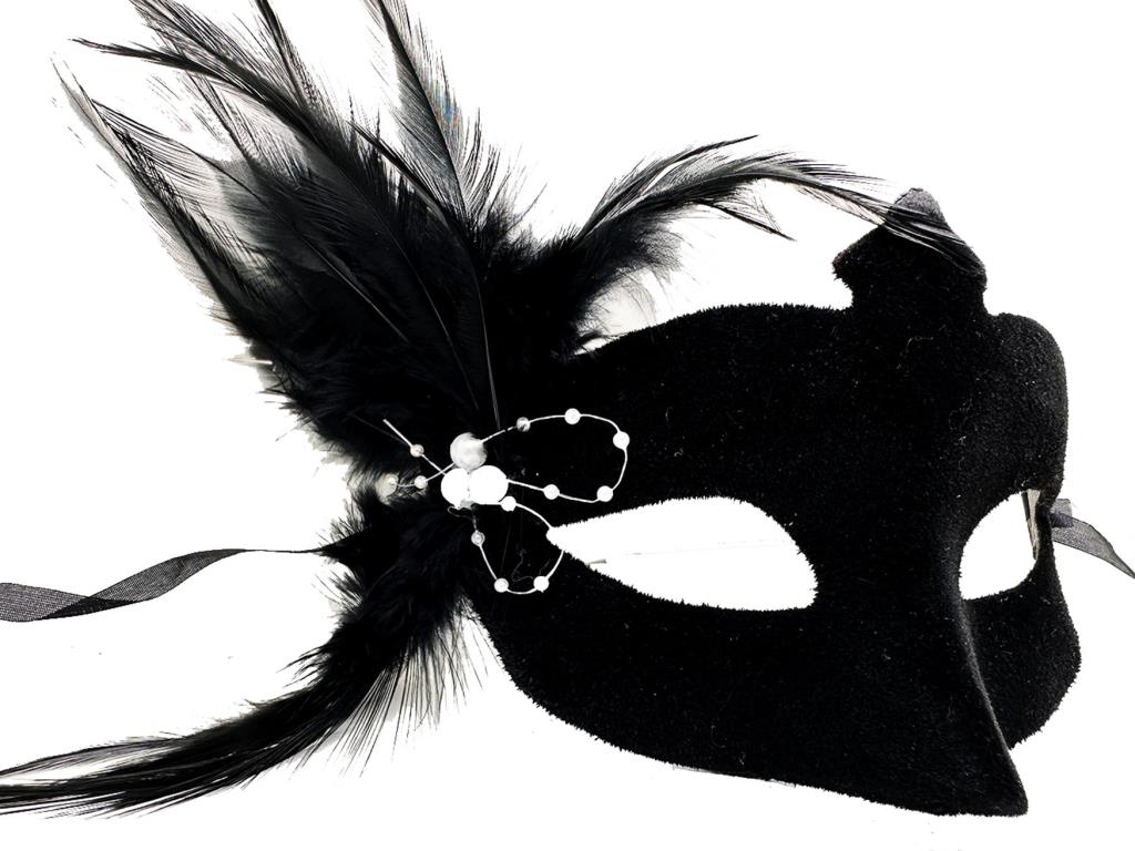 Nessiworld Black Color Side Feather Suede Coating White Pearl Party Mask 18X15 cm