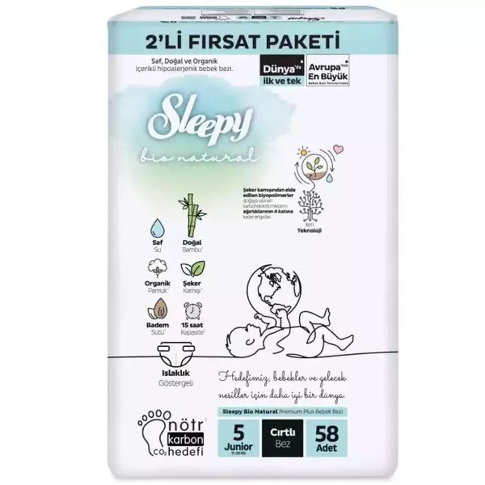 Nessiworld Sleepy Bio Natural Baby Diaper 2 Pack 5 Size 58 Pieces