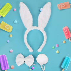 Costume de lapin Nessiworld, couronne, nœud papillon, queue, blanc