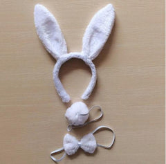 Costume de lapin Nessiworld, couronne, nœud papillon, queue, blanc