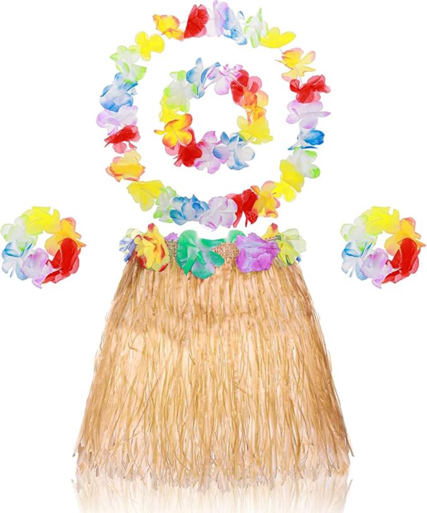 Nessiworld Yetişkin Çocuk Hawaii Parti Seti - 40 cm Naturel Etek + Çiçek Aksesuarlar (5 Parça)