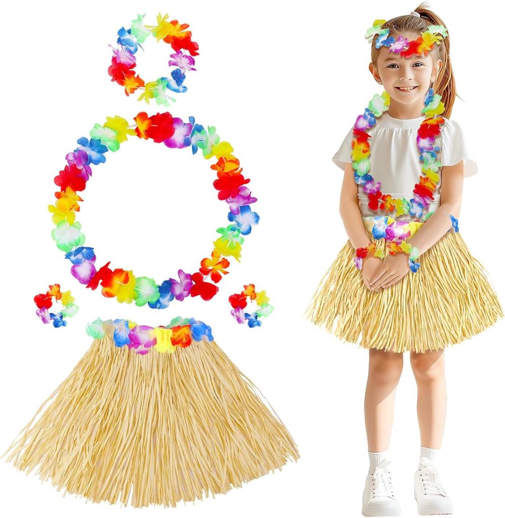 Nessiworld Yetişkin Çocuk Hawaii Parti Seti - 40 cm Naturel Etek + Çiçek Aksesuarlar (5 Parça)