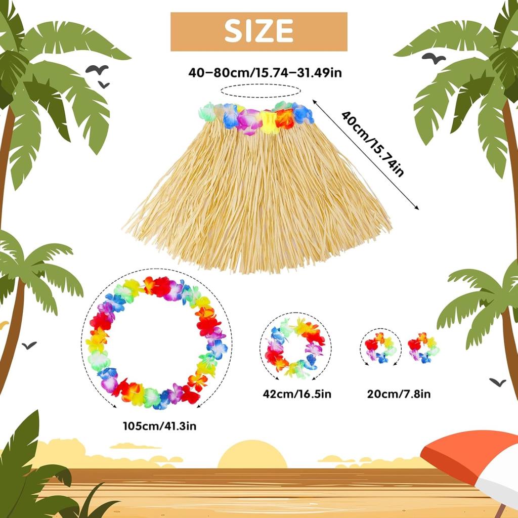 Nessiworld Yetişkin Çocuk Hawaii Parti Seti - 40 cm Naturel Etek + Çiçek Aksesuarlar (5 Parça)