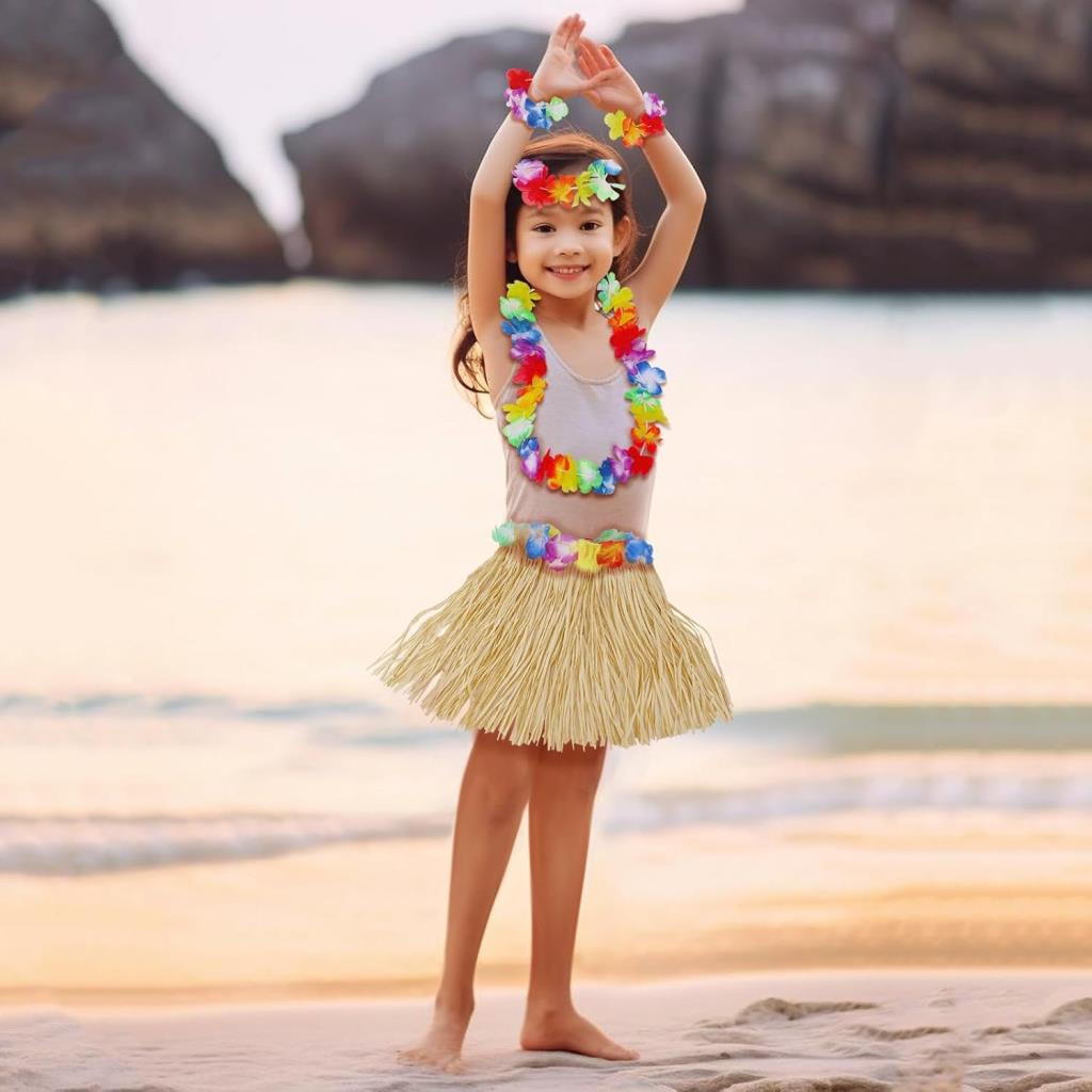 Nessiworld Yetişkin Çocuk Hawaii Parti Seti - 40 cm Naturel Etek + Çiçek Aksesuarlar (5 Parça)