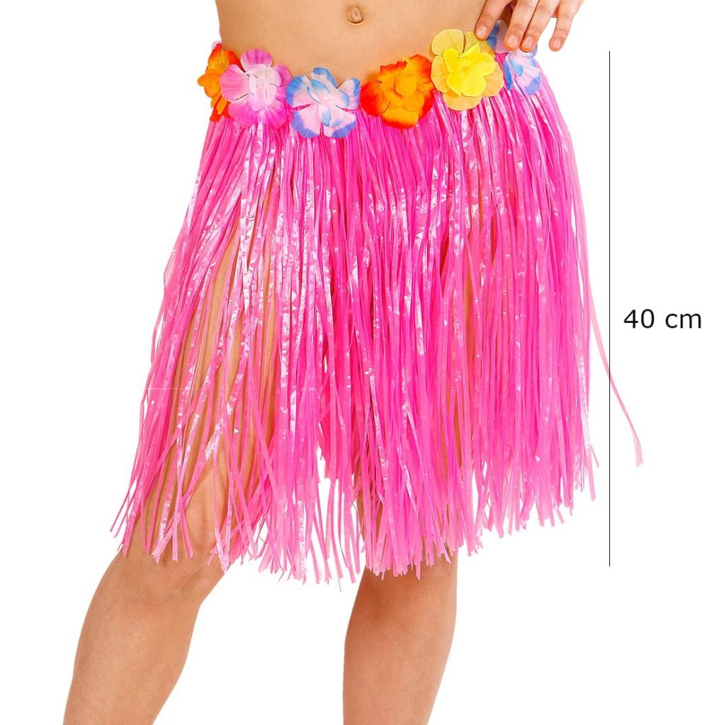 Jupe hawaïenne Luau Hula à pompons rose assortie pour adulte et enfant Nessiworld 40 cm