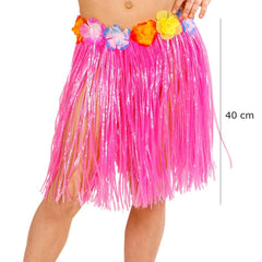 Jupe hawaïenne Luau Hula à pompons rose assortie pour adulte et enfant Nessiworld 40 cm