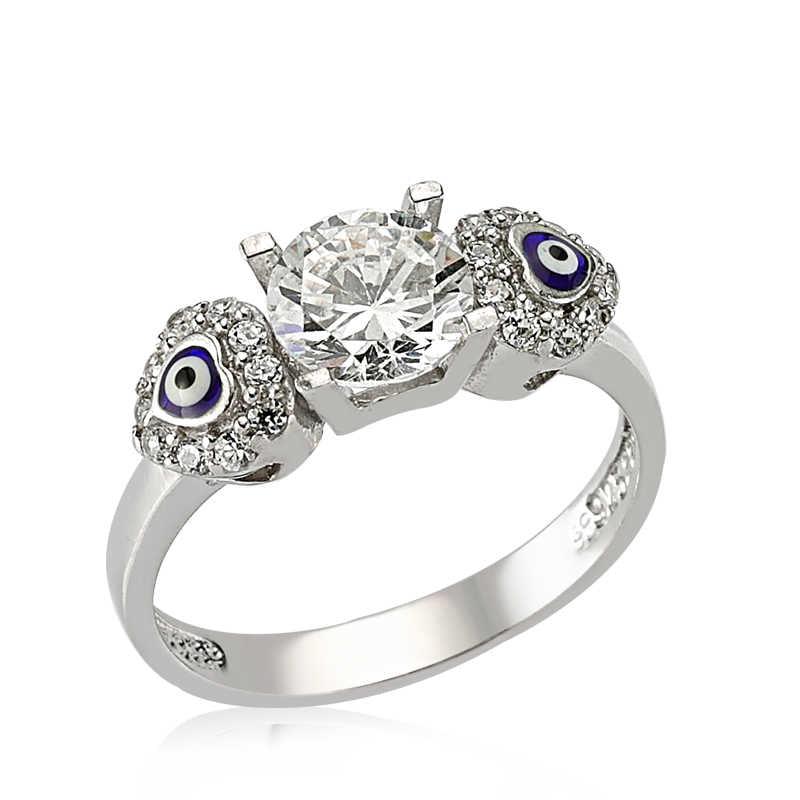 Bague pour femme en argent avec pierre unique et cœur anti-mauvais œil