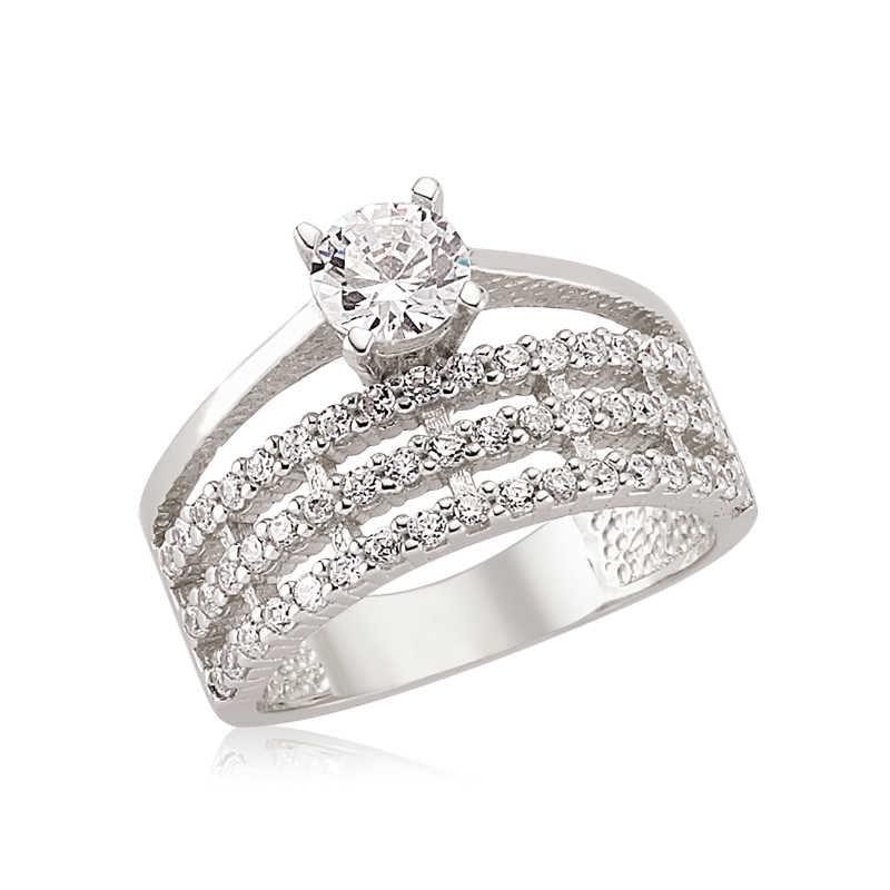 Silver Three Row Single Stone Women's Ring